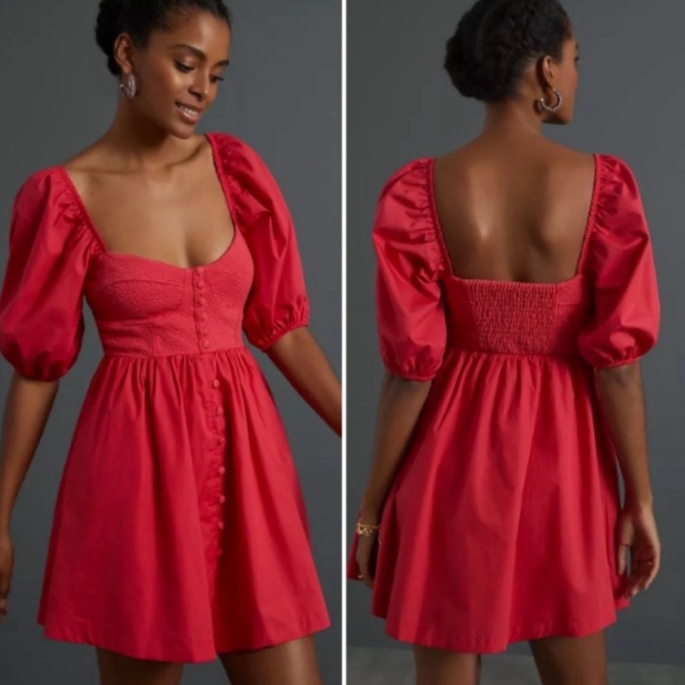 Maeve x Anthropologie Puff-Sleeved Sweetheart Neck Mini Dress Red Size Medium
